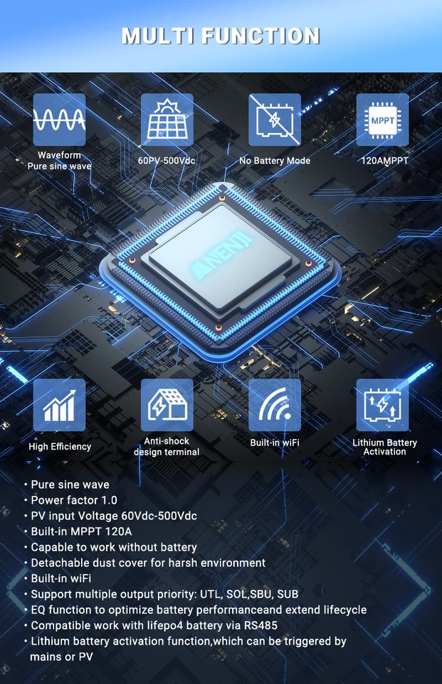 6200W Hybrid Solar Wechselrichter On Off Grid 120A MPPT 220V 48V 500V WIFI 6.2KW - Bild 4 von 4