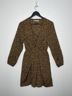 Oasis Ditsy Blumenkleid schwarz & orange vorne zum Binden V-Ausschnitt Langarm UK 12