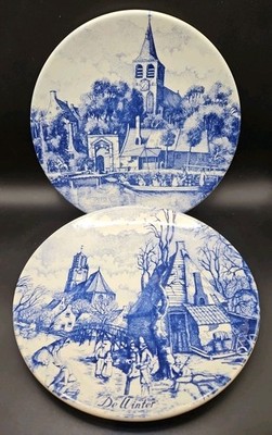2 x Delfter Blauw Chemkefa Blau & Weiß Sammelteller De Winter & De Lente