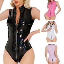 Women PU Leather Bodysuit Mock Neck Sleeveless High Cut Lingerie Jumpsuits Club