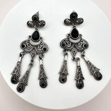 Vintage 90s Silver Tone Chandelier Earrings Black Glass Drop Statement Jewelry