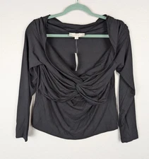 LOFT Shirt Womens Large Black Long Sleeve Knot Front Drape Top Rayon Blend Mb