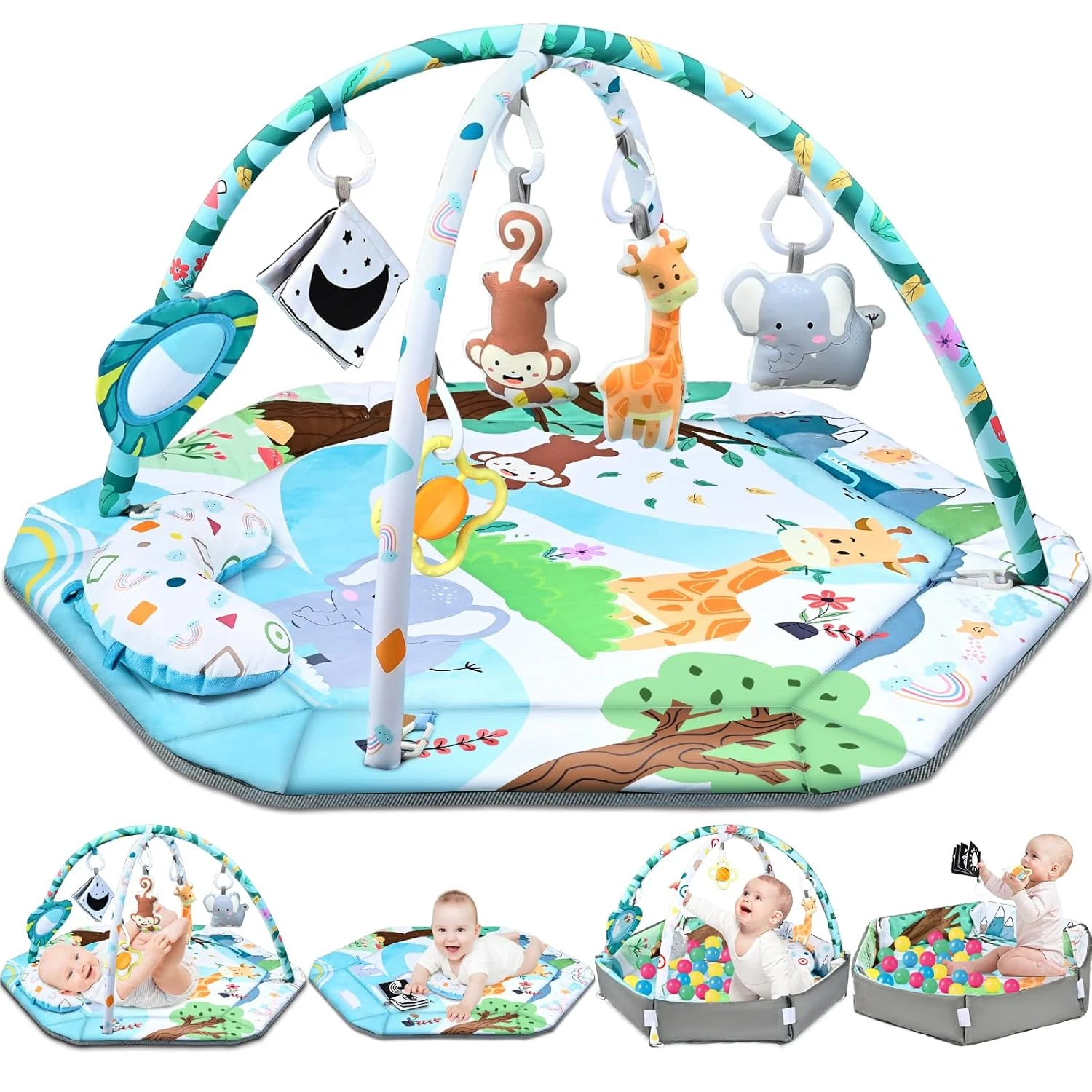 Baby Gym Play Mat, 8n1 Tummy Time Mat & Ball Pit with 6 Toys, Washable Baby Mat
