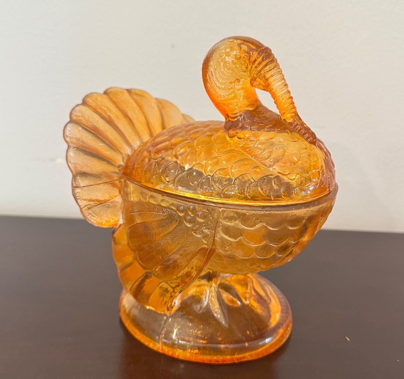 Amber pressed glass turkey-shaped lidded candy dish