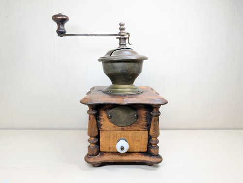 Vintage Antique Wood Coffee Bean Burr Grinder Mill Manual Hand Crank 