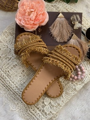 Carrie Forbes Neutral Gold Raffia Fringe Slide Sandals Handmade Women's Size 39