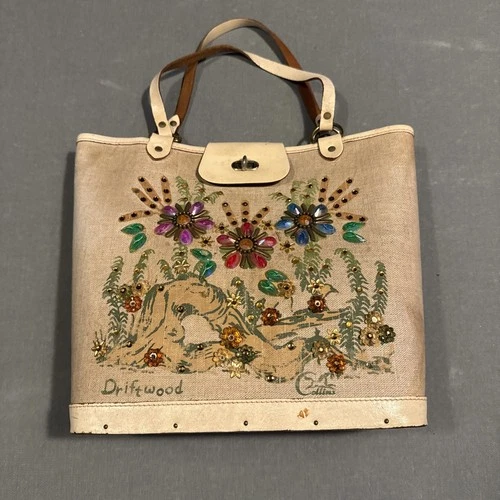 Vintage Enid Collins Driftwood Jeweled Canvas Bucket Purse – Signed, 1970s