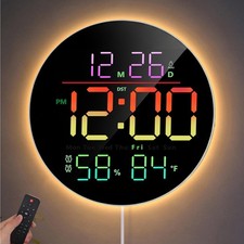 Round Digital Wall Clock RGB Color Night Light Remote Temperature Classroom