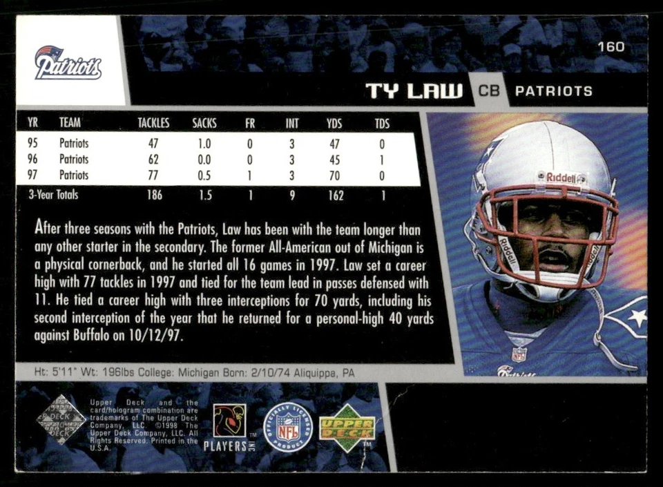 1998 Upper Deck Ty Law New England Patriots #160 - Image 2 of 2