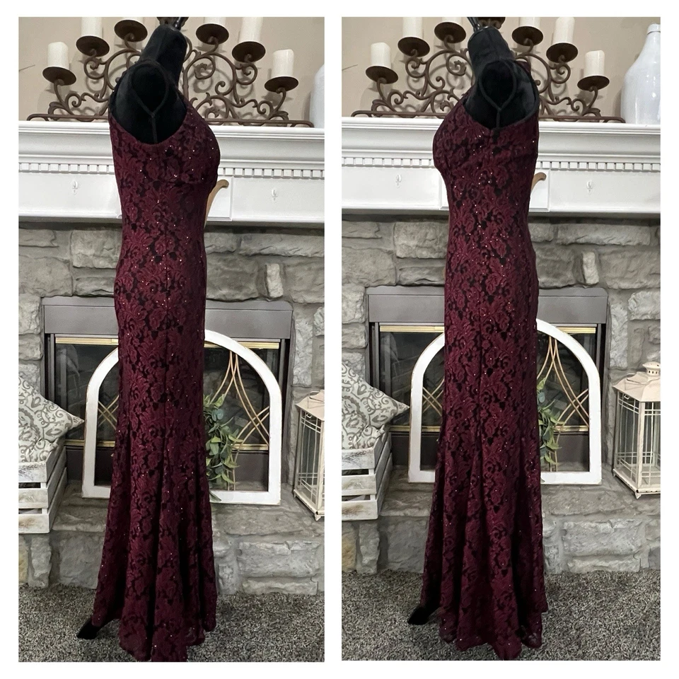 Vtg Y2K Lace Mesh Maxi Gown Prom Sz 8 Burgundy Black Mermaid Dress Whimsigoth - Image 4 of 4