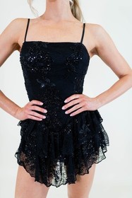 Stretch Lace Layered Ruffle Mini Romper Dress Black Sparkle Glamorous Edgy Chic