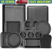 All in One Baking Set Nonstick Carbon Steel Bakeware Oven Mitts Cooling Rack New
