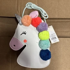 Cat & Jack Pom Pom Unicorn Faux Leather Purse, Top Zipper, NWT