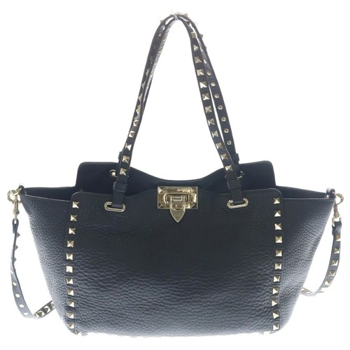 VALENTINO Rockstuds Leather Shoulder Bag Handbag Black Used 4a083dc6c9a577858bb5