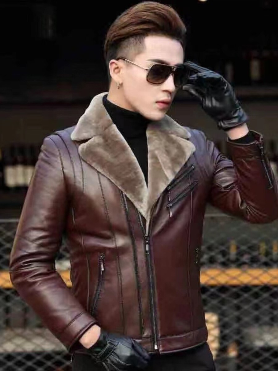 Winter Fur Sheep Leather Jacket Men Short Suit Collar Shearling