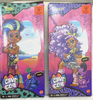Lot of 2 Mattel Cave Club Dolls New Prehistoric Fashion Slate  Bashley With Pets