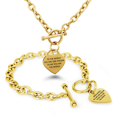 Stainless Steel To Me You Are The World Heart Tag Charm Bracelet