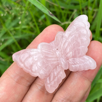 Natural pink rose Quartz Hand Carved butterfly Skull Crystal Healing 1pc