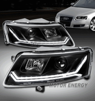 For 09 10 11 Audi A6 Quattro LED Tube Projector Headlights Lamp Black Left+Right