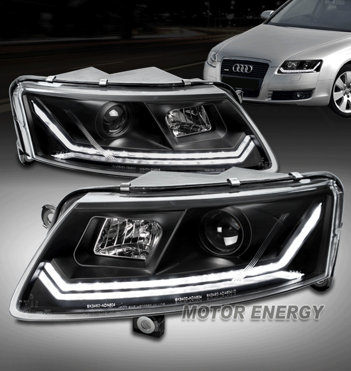 For 09 10 11 Audi A6 Quattro LED Tube Projector Headlights Lamp Black Left+Right