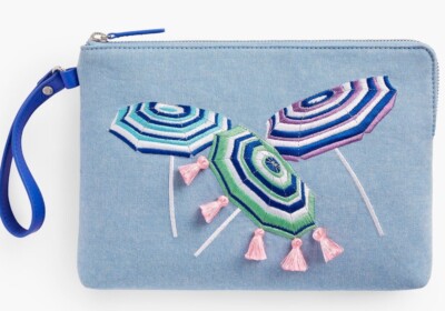 Talbots Denim Embroidered Beach Umbrellas Clutch Leather Strap