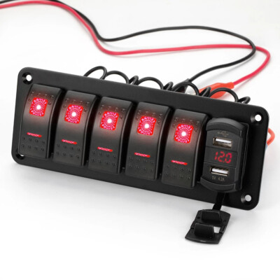 6 Gang Red LED Waterproof Rocker Switch Panel Breaker Car Marine Boat RV 12V-24V