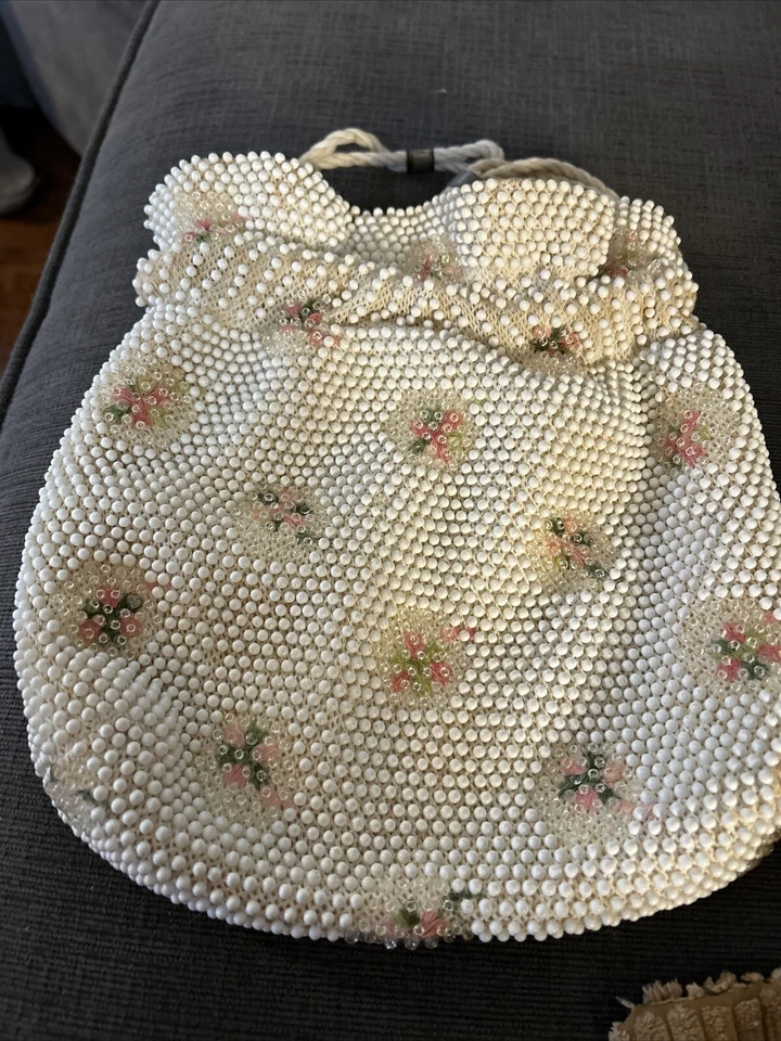 Lumured Corde Beaded Vtg 50s Kiss Drawstring Purse Ivory Floral Embroidered — 第 3/4 张图片