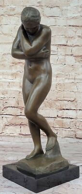 SIGNED SHY NUDE GIRL BRONZE STATUE WITH GREEN PATINA HOT CAST SCULPTURE FIGURINE