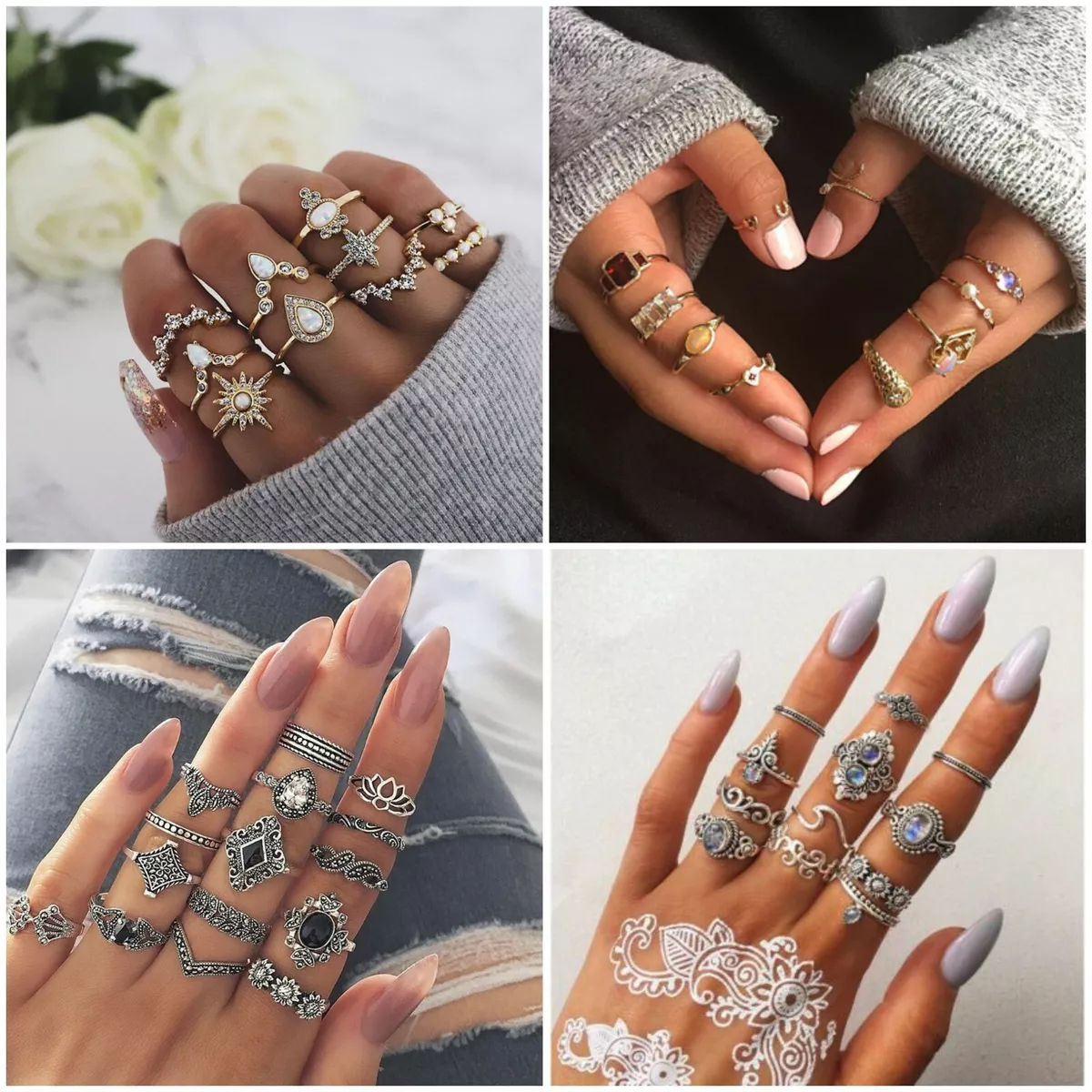 13 Pcs Silver Midi Finger Ring Set Vintage Opal Punk Boho Knuckle Rings  Jewelry | eBay