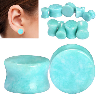 PAIR-Natural Stone Ear Plugs Ear Gauges Double Flares Flesh Tunnels Saddle Plug