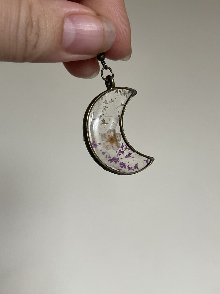 Handmade Moon Earrings With Dried Flowers And Resin Gold Colour And See