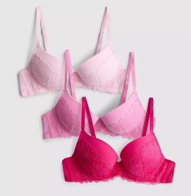 Womens Primark 3pk Lace Push Up Bras PushUp BRA THICK Pad Pink Older Girls Pink