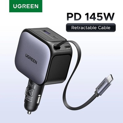 145W Car Charger with Retractable Cable, USB-C QC PD 3.0, Space Gray