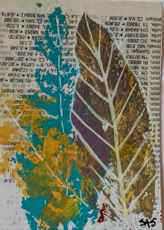 ACEO Art Card Original, Plant Pressing , Acrylic, Atlas, Outsider Art , Brut Art
