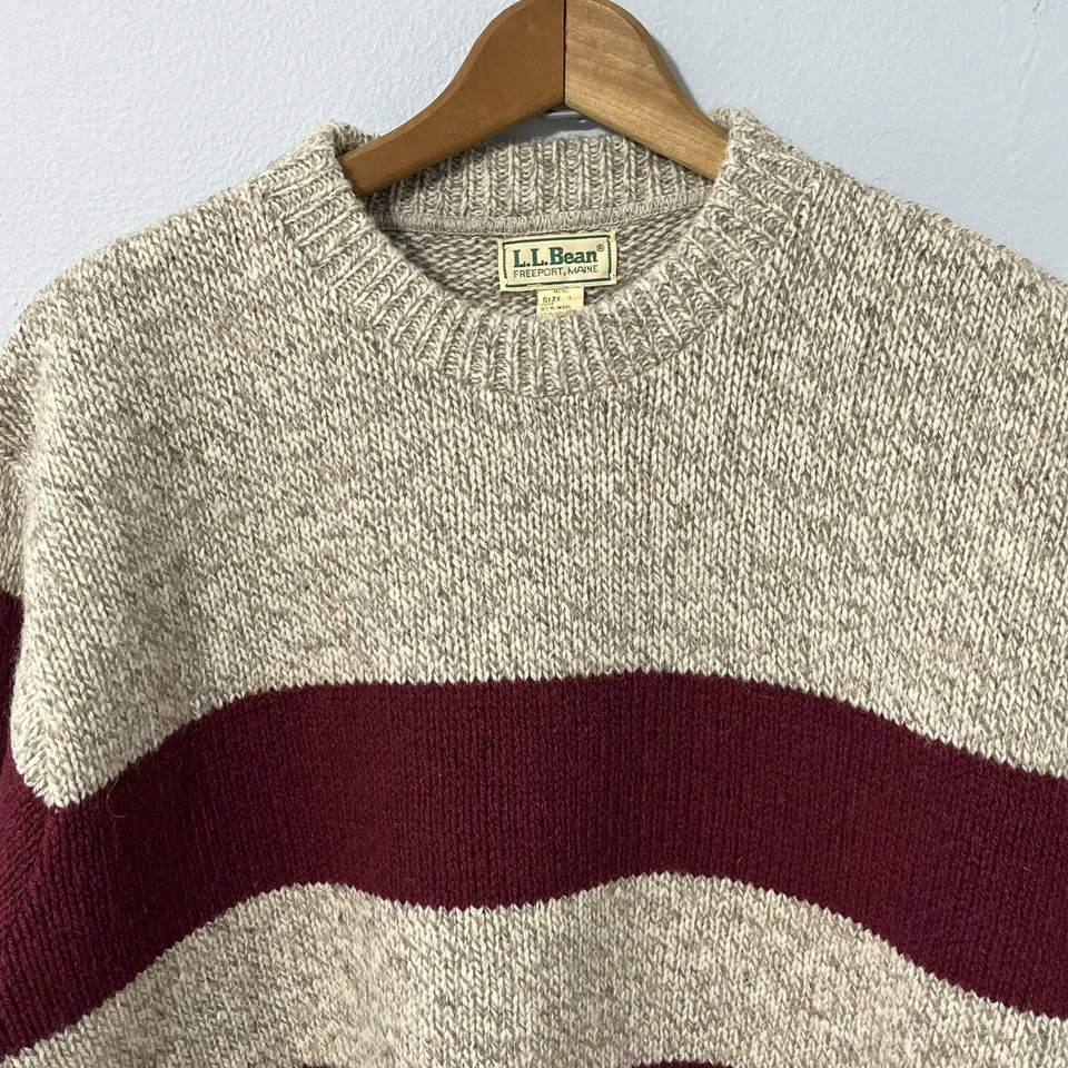 Vintage LL Bean Sweater Mens Large Beige Burgundy Stripe Wool Made USA 80s - Image 2 of 4