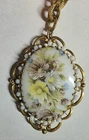 Vintage Miriam Haskell Signed Floral Flower Pendant Gold Chain Necklace