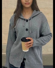Women's Medium Gray Knit Cardigan With Buttons And A Hood