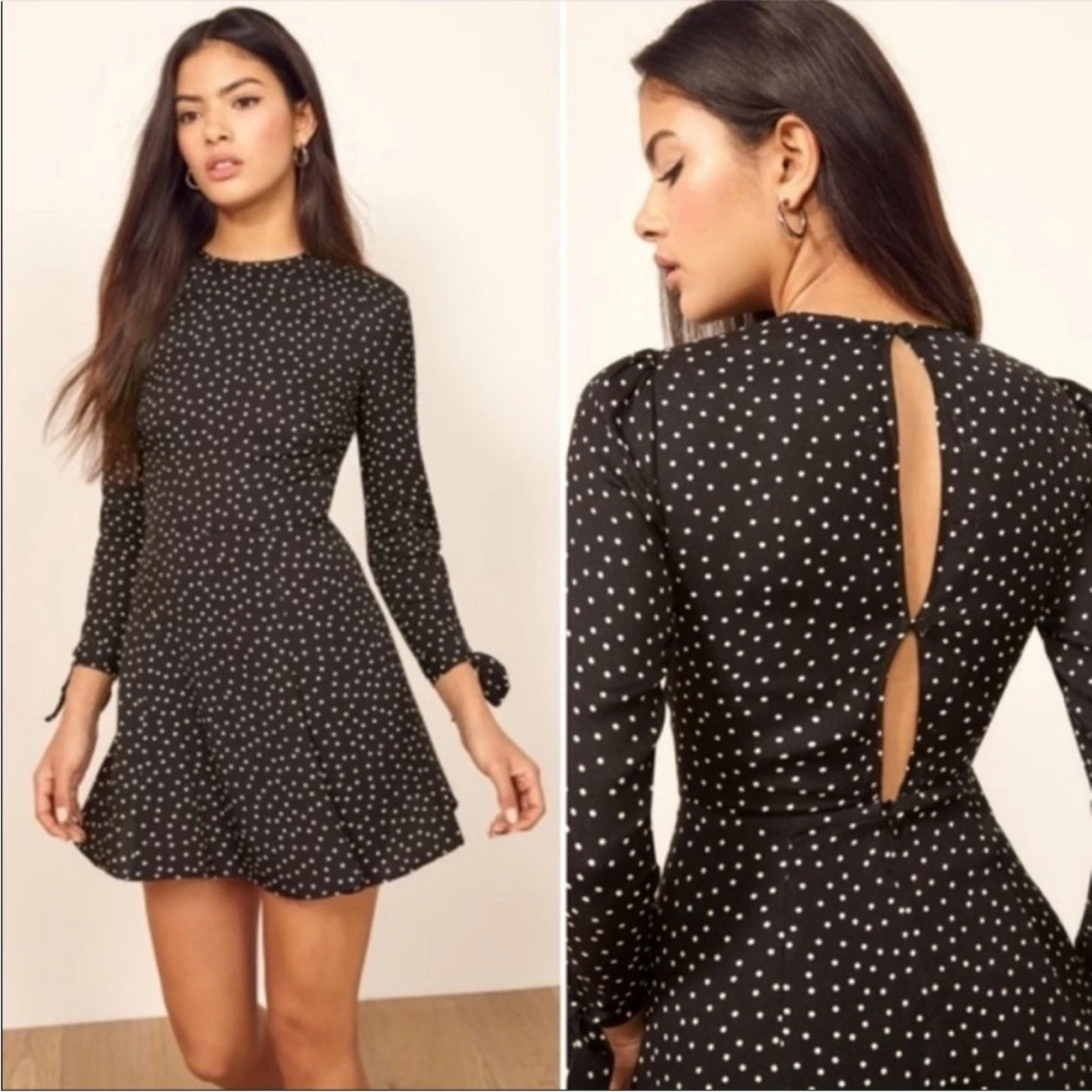 REFORMATION Abito Riforma Samantha Selene Mini Set a Pois Nero Bianco