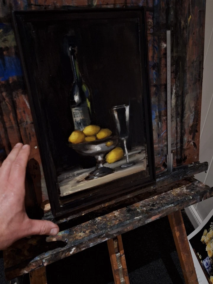 Original Ölgemälde  Stillleben Wein Zitrone  Impressionismus Vintage Holzrahmen  - Bild 2 von 4