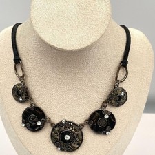 Vintage Boho Statement Necklace Mixed Metal Black Enamel Rhinestone Suede Cord