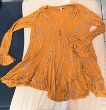 Free People Floral V-Neck Long Sleeve Olivia Tunic Dress in Marigold S