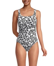 Lands End Woman's One Piece Swim Suit Scoop Neck Size Large Black & White Floral