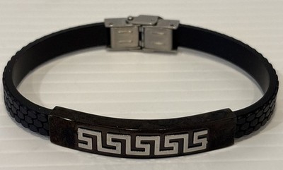 TUMI geflochtenes schwarzes Leder Edelstahl griechisches Schlüsselarmband Herren Designer Geschenk