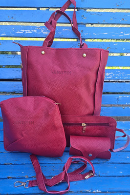 JINGPIN Red Pebbled Shoulder Bag Set with Zipper, Button Accents & Pouch