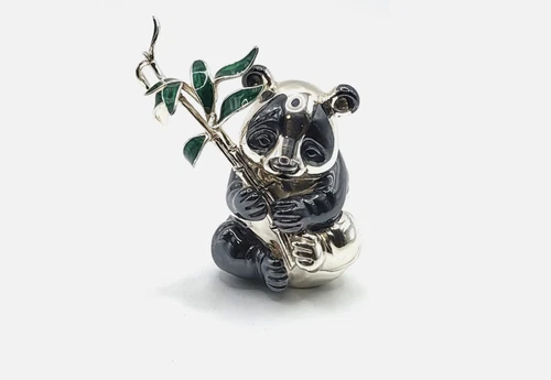 Sterling Silver & Enamel Saturno Large Panda & Bamboo Figure 8cm x 6cm. RRP £814