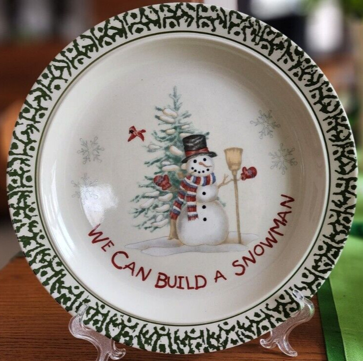We Can Build a Snowman Dinner Plate 10 1/2" Dolengorp Stoneware White Green Red!