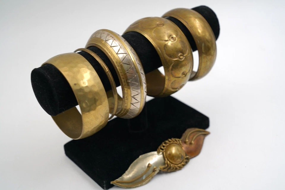 Indian Tribal Ethnic Chunky VINTAGE Brass Bangles Bracelets W/ Brutalist Brooch - Image 2 of 3