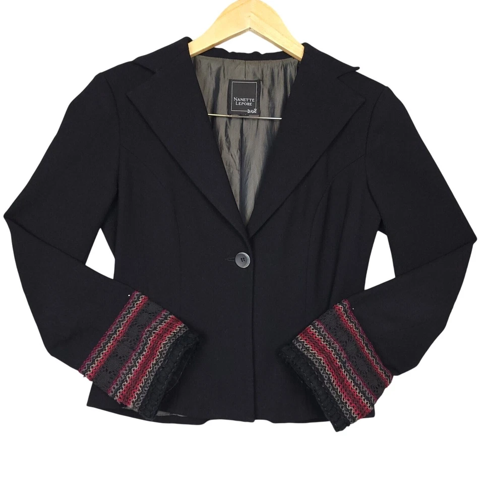 Nanette Lepore Women's Blazer Sz 4 Embroidered Crochet Sleeves Office Formal - Image 2 of 4