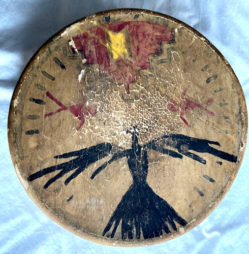 ANTIQUE NATIVE AMERICAN INDIAN PAINTED HIDE PLAINS  DRUM CROW EARLY 20TH CENTURY