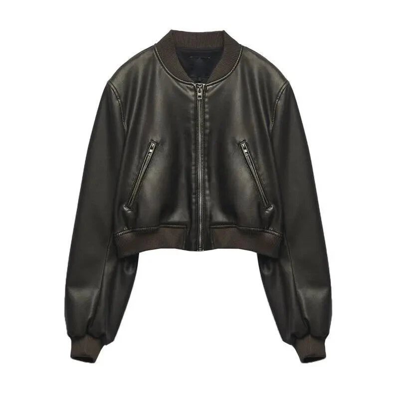 Women Bomber Jacket Cropped New Leather Short Female Stand